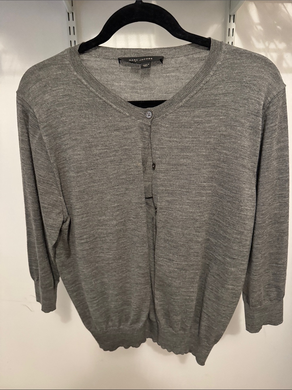 Vintage Marc Jacobs Heather 100% Wool Gray V-Neck Cardigan 3/4 Sleeve